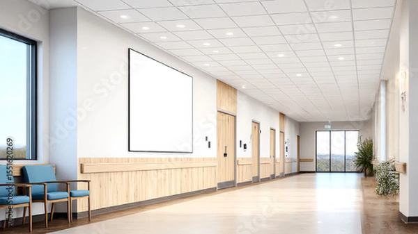Obraz Bright and clean modern hospital corridor design blending natural light with human-centered space