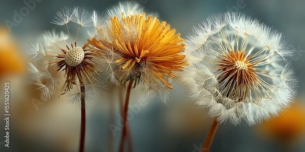 Fototapeta Golden and white dandelions stand elegantly in a garden setting under soft natural light