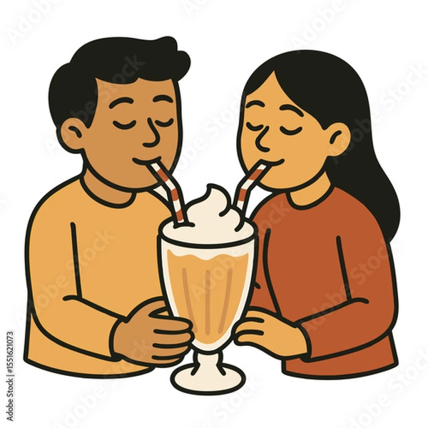 Obraz Friends sharing a giant milkshake with two straws, cartoon style, on a white background.