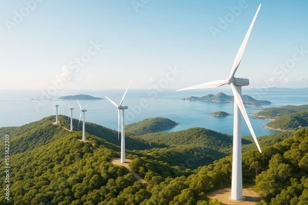 Fototapeta Wind turbines on lush green hills by ocean under clear blue sky with sustainable energy concept in natural environment background.