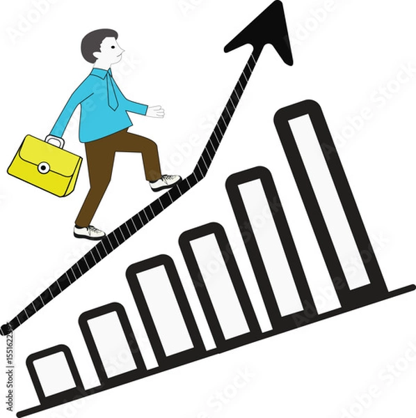 Fototapeta A man with a briefcase climbs a rising graph with an arrow pointing up