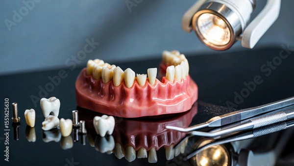 Fototapeta Dental Model Showing Damaged and Misaligned Teeth with Implants and Instruments Nearby under Dramatic Light