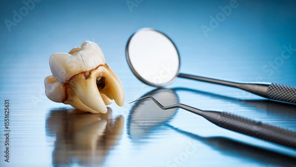 Fototapeta Dental Concept Image Featuring a Human Molar and Mirror Explorer Tools on a Silver Reflective Surface
