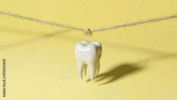 Fototapeta Glossy White Tooth Dangling Midair by Thread Over Soft Yellow Backdrop