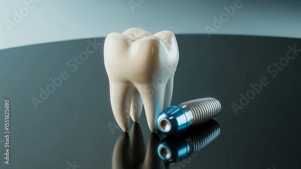 Fototapeta Human Tooth and Implant Side by Side on Shiny Surface with Gradient Blue Background