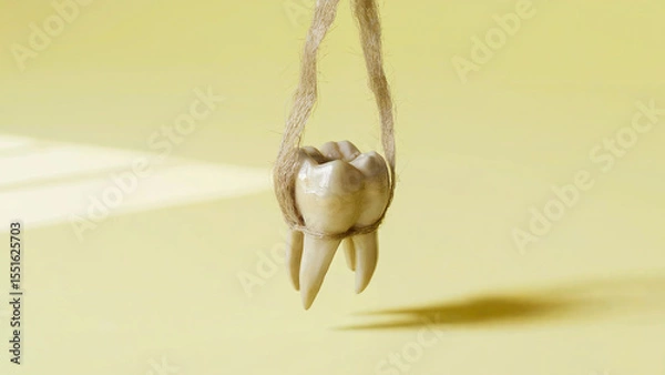 Fototapeta Isolated Clean Human Tooth Hanging from String, Casting Shadow on Minimalist Yellow Surface