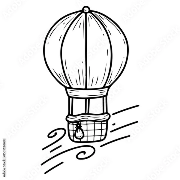 Fototapeta Hot air balloon flying machine. Hand drawn doodle vector. Basket for the flight of the pilot and passengers. Illustration line art element.