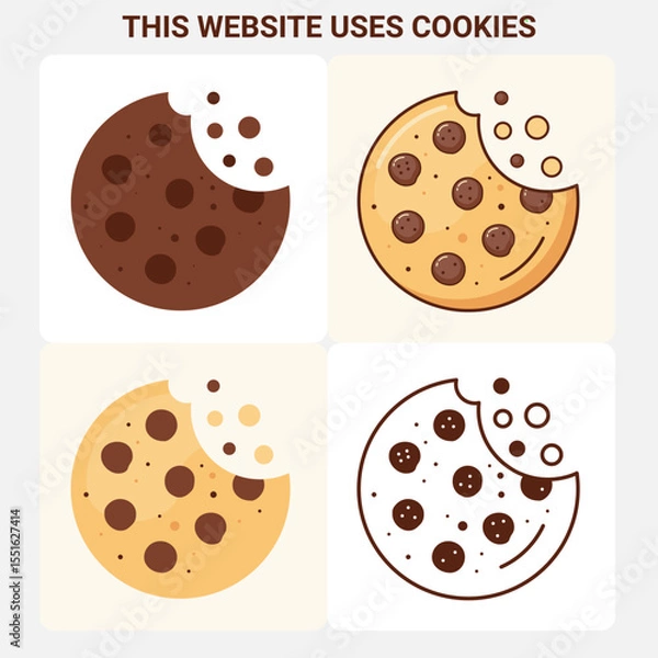 Obraz Cookies with bites taken out. Four stylized vector illustration symbolizing internet cookies. Ideal for website banners, privacy notices, or UX messages "this site uses cookies". Clean, modern design.