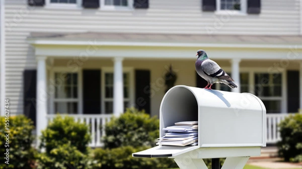 Fototapeta Open mailbox with envelopes and a pigeon resting, traditional rural home and trimmed yard on a clear sunny day