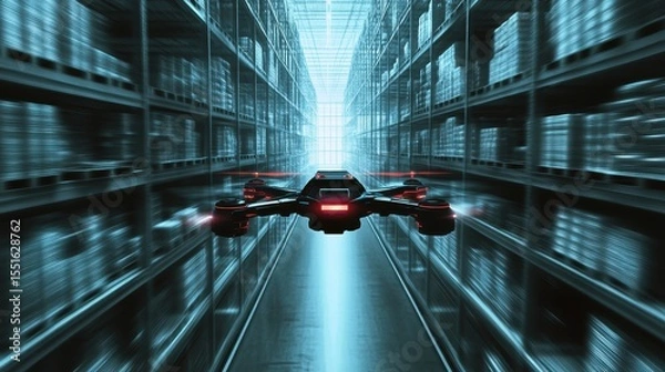 Fototapeta Advanced Flying Drone Navigating Through Industrial Warehouse Space