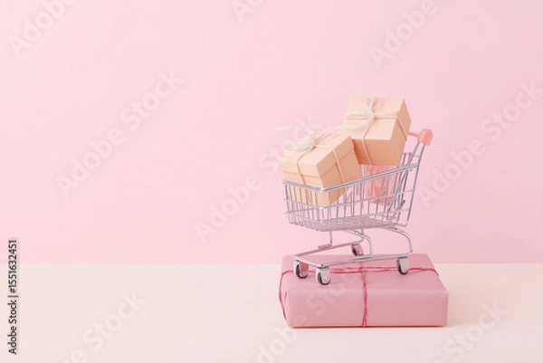 Obraz Miniature Shopping Cart with Peach Gift Boxes on Pink Background