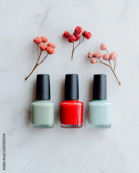 Obraz Three Nail Polish Bottles Mockup and Dried Flowers on White Marble Background