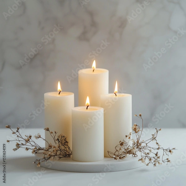 Obraz Four Lit White Pillar Candles on a matte white surface. Cozy ambience concept