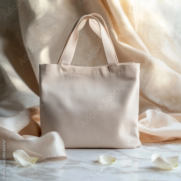 Obraz Tote bag Mockup with Natural Light and Cream Linen Fabric Background