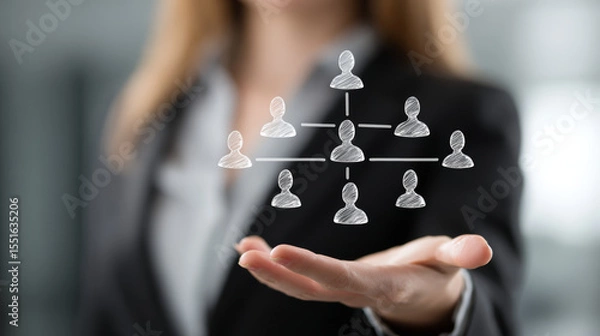Fototapeta Businesswoman presenting an organizational chart showing teamwork and corporate strategy.