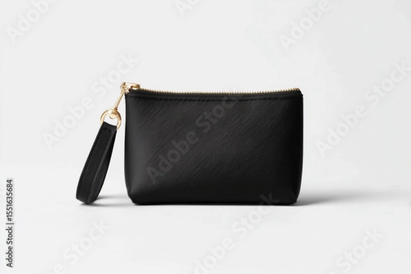 Obraz Black Cosmetic Pouch with A Gold Zipper and Black Fabric Wrist Strap