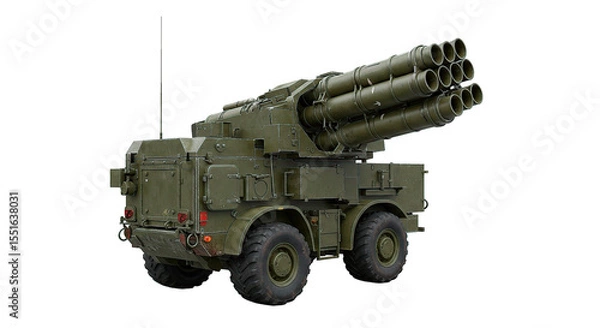 Fototapeta A military multiple rocket launcher is shown in this detailed image, ready for action.