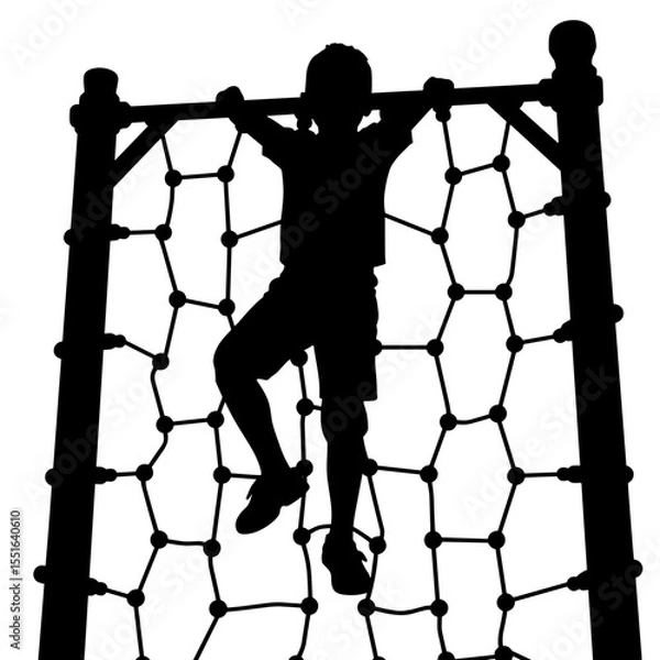 Fototapeta Silhouette of child climbing jungle gym on white background, playground adventure safety