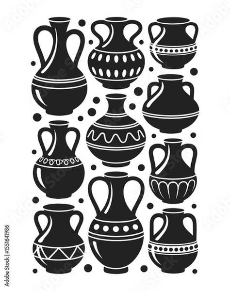 Fototapeta Collection of decorative amphora and ancient pottery silhouettes with ornate patterns, vector illustration set. Black vases feature traditional double handles and geometric designs.