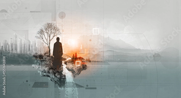 Fototapeta Silhouette figure, human mind concept,digital grid overlay. Abstract layering design composition. Technology, artificial intelligence, innovation, data visualization, future urbanism, knowledge system