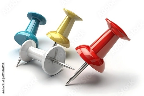 Fototapeta Set of Colorful 3D Push Pins Isolated on Transparent Background for Office Supplies, Bulletin Board, Planning, and Reminder Graphic Design Projects