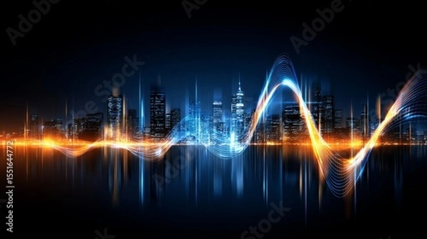 Fototapeta Dynamic city skyline silhouette at night with dark blue and black skyscrapers, vibrant glowing light trails in blue and orange, creating a sense of movement and modern technological energy.