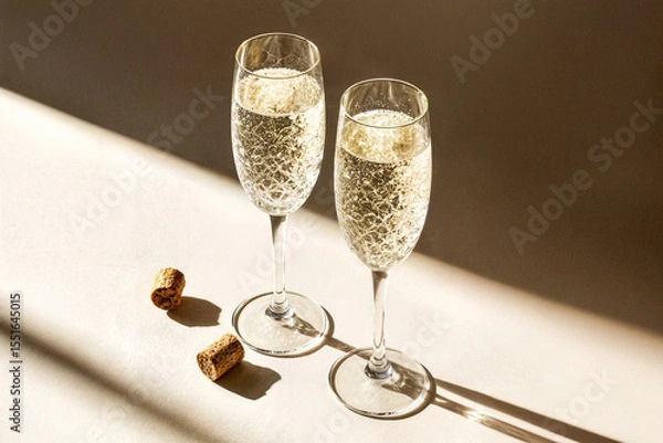 Fototapeta Sparkling Champagne Flutes with Bubbles and Cork Stoppers
