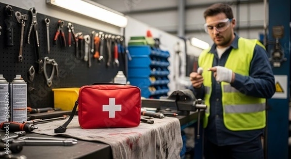 Fototapeta Injured Worker with First Aid Kit in Workshop Safety Glasses and Protective Vest Workplace Accident and Healthcare