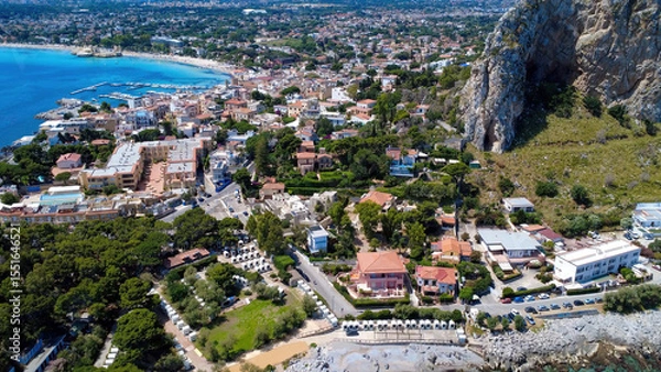 Fototapeta Scenic Coastal View of a Vibrant Town and Beautiful Beaches at Midday