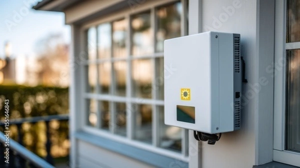 Fototapeta Close-Up View of a White Electrical Photovoltaic Wall Inverter Installed Outside a Modern Building