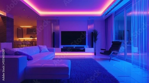 Fototapeta A modern, stylish living room with a vibrant, neon-lit ceiling and floor, featuring a white couch, a large flat-screen TV, and a black chair.