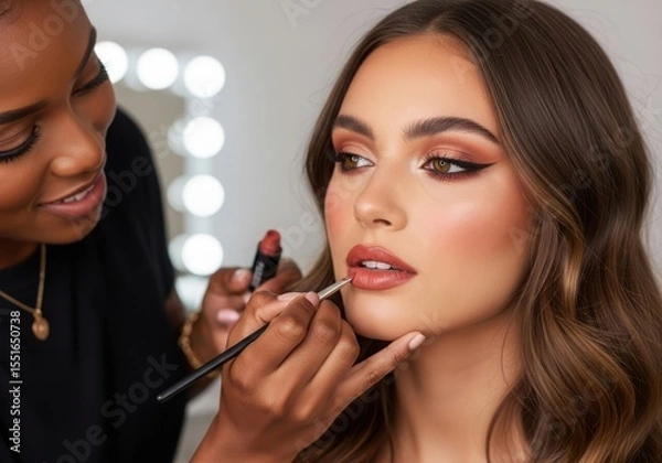 Fototapeta Applying lipstick makeup look tutorial on white background