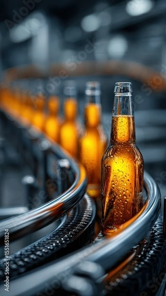 Fototapeta Bottles of amber beer move along a production line in a brewery during a busy afternoon shift