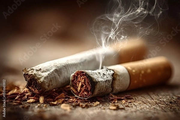 Obraz Two burning cigarettes are releasing smoke, resting on a wooden surface covered with loose tobacco, highlighting the dangers of smoking and nicotine addiction