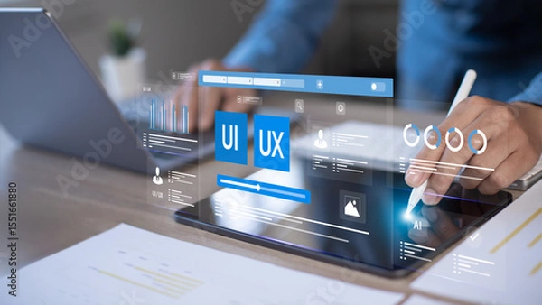 Fototapeta UX developers and UI designers who use web design to develop app interface layouts, future-proof digital development...