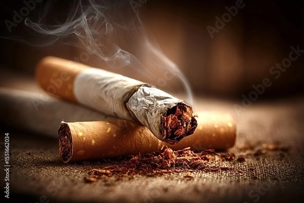 Obraz Smoldering cigarette rests on another cigarette with loose tobacco scattered around, emphasizing the harmful effects of smoking and the concept of addiction