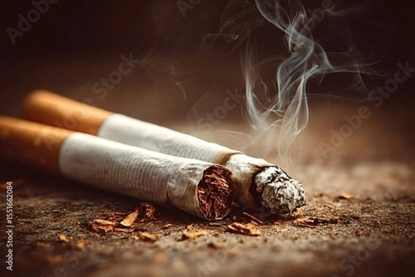 Obraz Two burning cigarettes are releasing smoke and ash, resting on a gritty, textured surface, creating a dramatic and evocative scene related to smoking habits and health risks