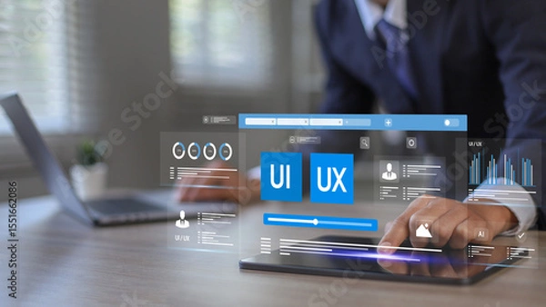 Fototapeta UX Developers and UI Designers who use web design to develop app interface layout designs. Current and future digital development creative...