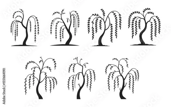 Fototapeta Set of willow silhouettes with drooping branches vector illustration. Includes stylized tree designs with flowing foliage and curved trunks.