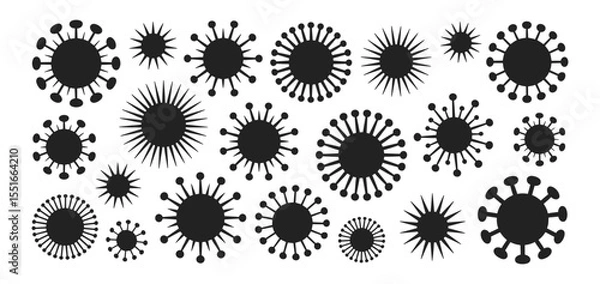 Fototapeta Set of black silhouette virus icons with varied spike and circular designs, vector illustration. Includes abstract representations of viral particles for medical and scientific concepts.