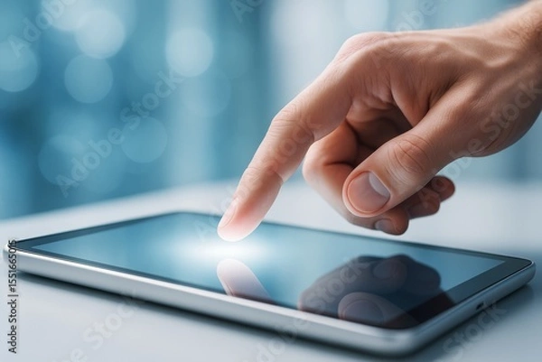 Fototapeta Close-up of hand touching tablet screen with glowing light effect, modern technology interaction concept on soft abstract background.