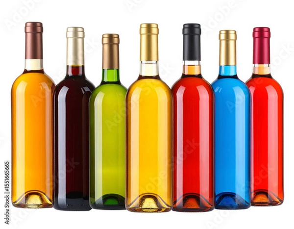 Obraz  Colorful Assorted Liquor Bottles in Varied Shapes, Front Display Lineup, isolated on white background PNG