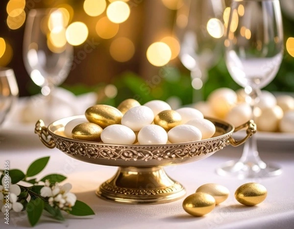 Fototapeta Dragées blanches et dorées dans un petit plat argenté sur une table décorée et festive. Generated image