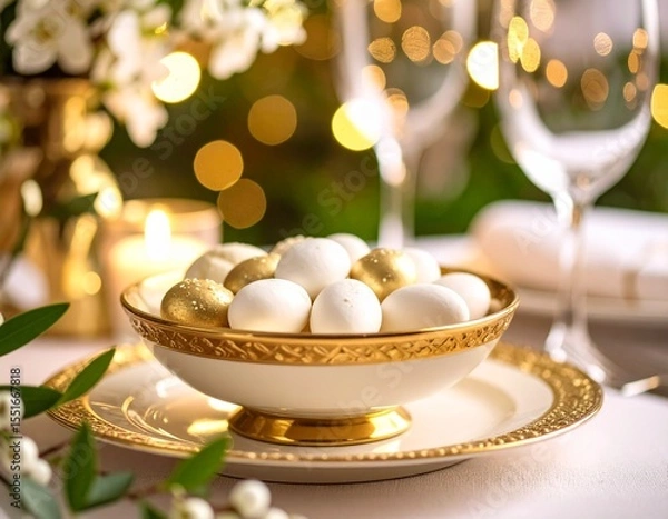 Fototapeta Dragées blanches et dorées dans un petit plat argenté sur une table décorée et festive. Generated image