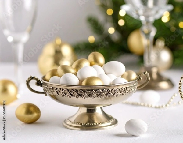 Fototapeta Dragées blanches et dorées dans un petit plat argenté sur une table décorée et festive. Generated image