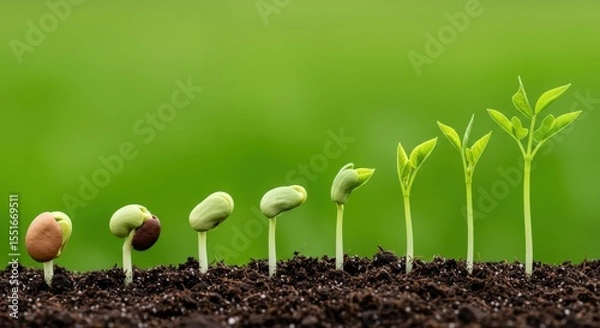 Obraz Sequence of bean sprouts growing from seeds in dark soil against a green background