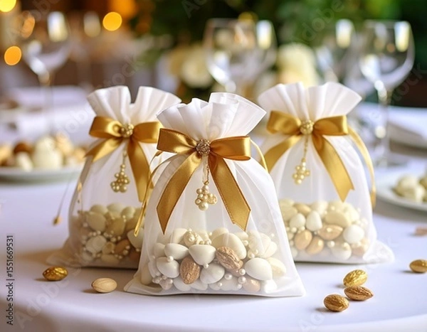 Fototapeta Petits sachets en tulle joliment décorés avec rubans et perles, contenant des dragées dans une ambiance festive. . Generated image