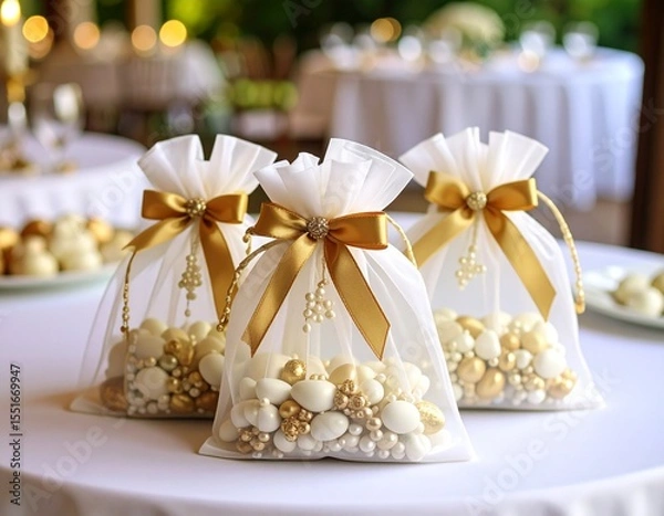 Fototapeta Petits sachets en tulle joliment décorés avec rubans et perles, contenant des dragées dans une ambiance festive. . Generated image