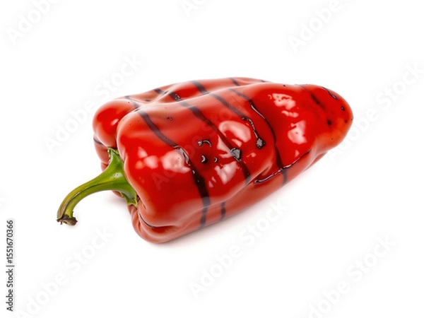 Fototapeta Grilled red chili pepper with burn marks isolated on white background, perfect for culinary, spicy food, or BBQ themes. Generative AI