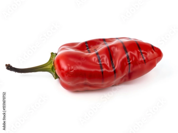 Fototapeta Grilled red chili pepper with burn marks isolated on white background, perfect for culinary, spicy food, or BBQ themes. Generative AI